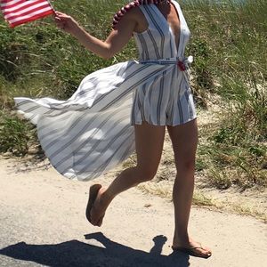 Striped Linen Romper with Train